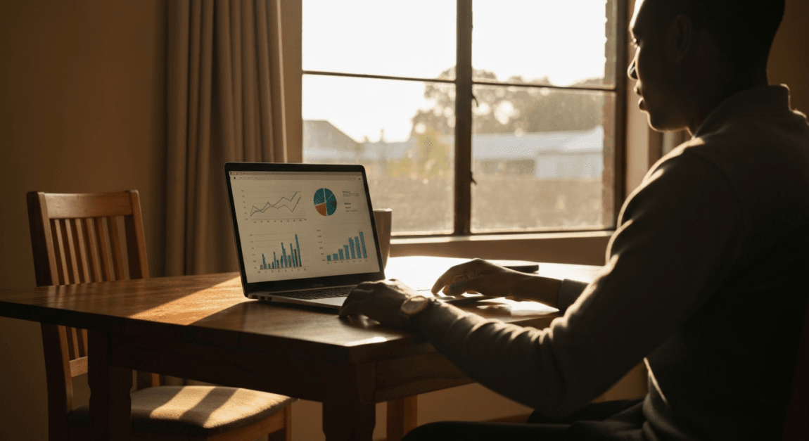 Person analyzing market trends for short-term rentals using a laptop in Botswana home office.