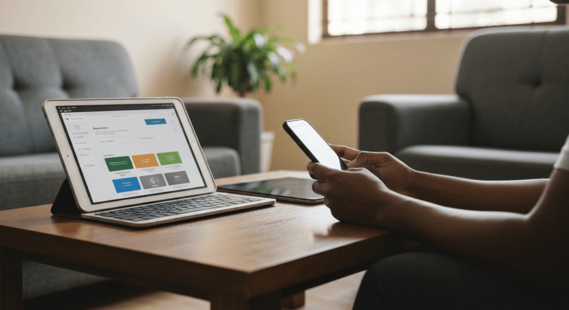 Person using technology for guest management in a modern Botswana home.
