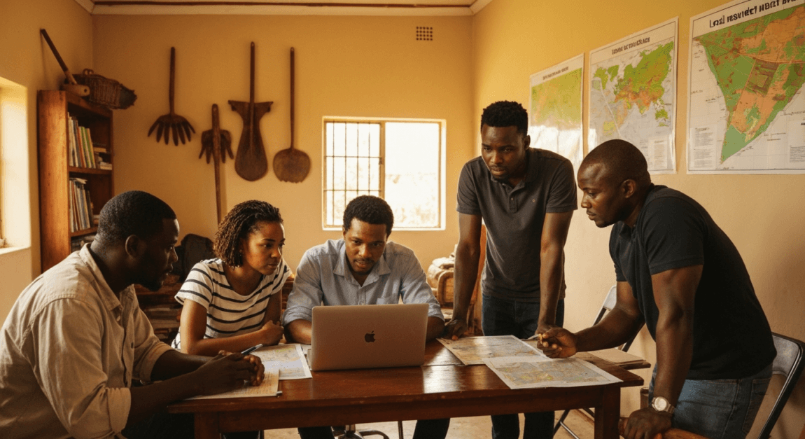 Group of Botswana entrepreneurs analyzing maps and agricultural data for planning.