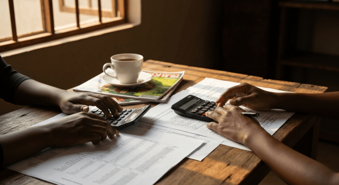 Close-up of hands calculating financial margins for a farm business.