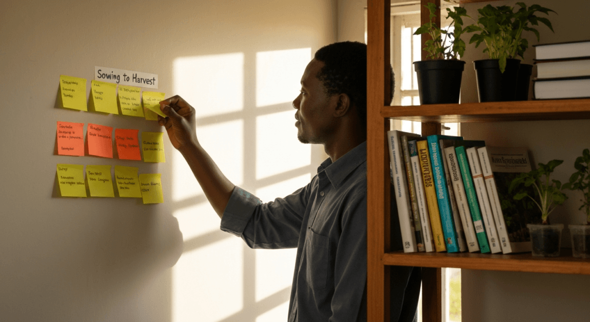 A business owner planning a vegetable harvest timeline on a digital tablet in Botswana.