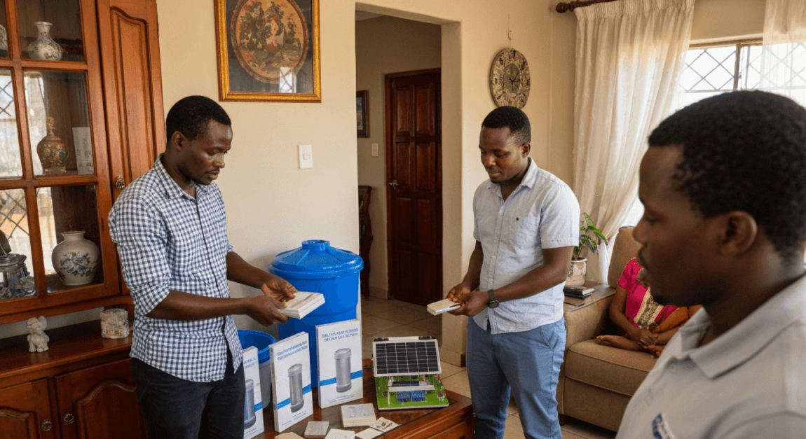 Entrepreneur demonstrating water harvesting and insulation in Botswana