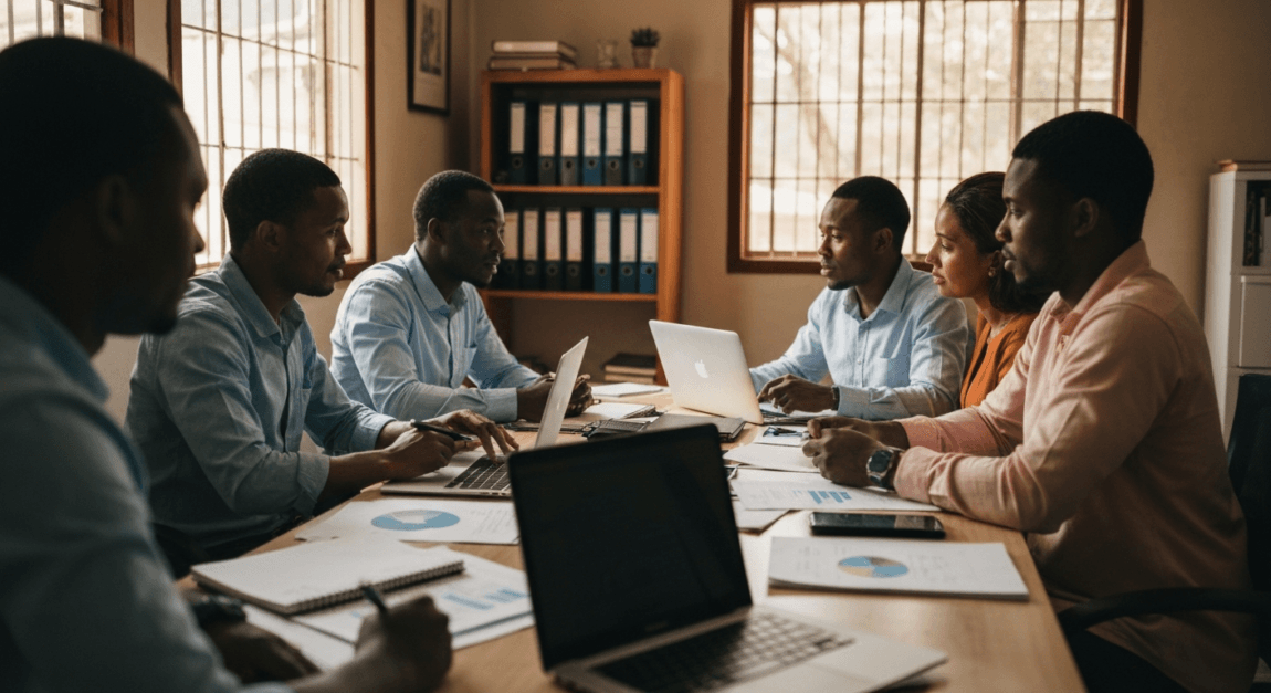 Group discussion of professionals in a Botswana office about PMO roles and construction frameworks
