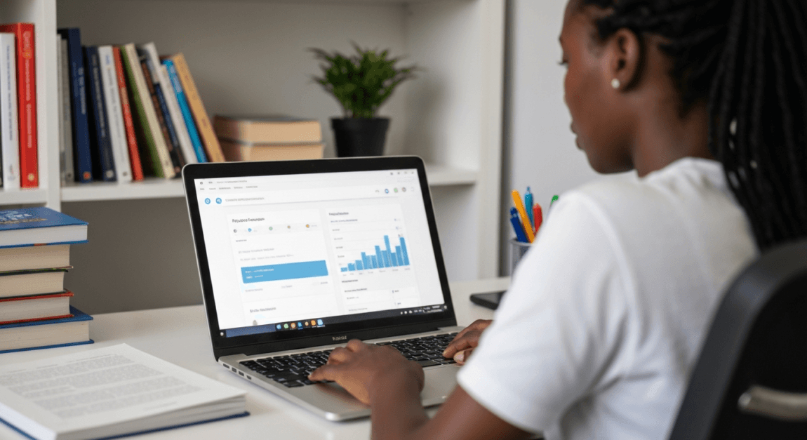 Botswana construction SME owner using project tracking tools on a laptop