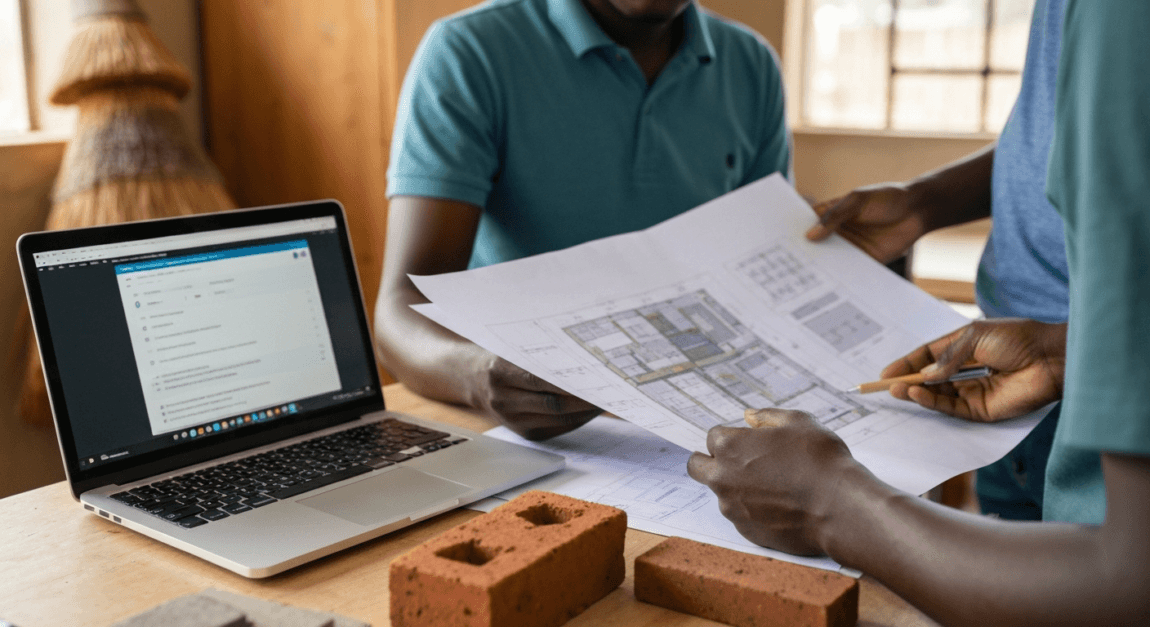 Builders on a construction site in Botswana discussing material quality.